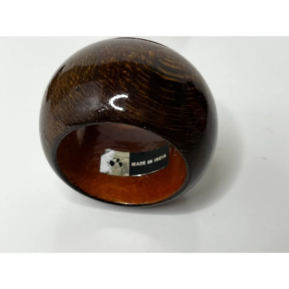 Wooden Glazed Wood Grain Brown Round Napkin Rings Set of 4 India